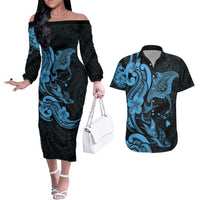 Hawaiian Manta Rays Couples Matching Off The Shoulder Long Sleeve Dress and Hawaiian Shirt Tribal Hibiscus Polynesian Tattoos Blue Color - Polynesian Pride