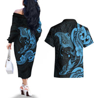 Hawaiian Manta Rays Couples Matching Off The Shoulder Long Sleeve Dress and Hawaiian Shirt Tribal Hibiscus Polynesian Tattoos Blue Color LT03 - Polynesian Pride