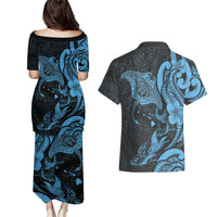 Hawaiian Manta Rays Couples Matching Puletasi and Hawaiian Shirt Tribal Hibiscus Polynesian Tattoos Blue Color - Polynesian Pride
