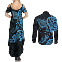 Hawaiian Manta Rays Couples Matching Summer Maxi Dress and Long Sleeve Button Shirt Tribal Hibiscus Polynesian Tattoos Blue Color - Polynesian Pride