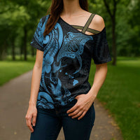 Hawaiian Manta Rays Cross Shoulder Shirt Tribal Hibiscus Polynesian Tattoos Blue Color - Polynesian Pride