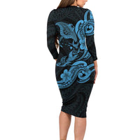 Hawaiian Manta Rays Family Matching Long Sleeve Bodycon Dress and Hawaiian Shirt Tribal Hibiscus Polynesian Tattoos Blue Color LT03 - Polynesian Pride