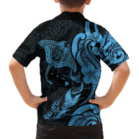 Hawaiian Manta Rays Family Matching Off The Shoulder Long Sleeve Dress and Hawaiian Shirt Tribal Hibiscus Polynesian Tattoos Blue Color LT03 - Polynesian Pride