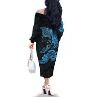 Hawaiian Manta Rays Family Matching Off The Shoulder Long Sleeve Dress and Hawaiian Shirt Tribal Hibiscus Polynesian Tattoos Blue Color LT03 - Polynesian Pride
