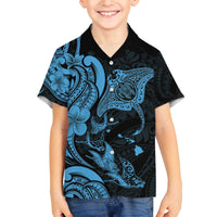 Hawaiian Manta Rays Family Matching Off The Shoulder Long Sleeve Dress and Hawaiian Shirt Tribal Hibiscus Polynesian Tattoos Blue Color LT03 Son's Shirt Blue - Polynesian Pride
