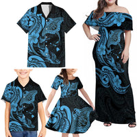 Hawaiian Manta Rays Family Matching Off Shoulder Maxi Dress and Hawaiian Shirt Tribal Hibiscus Polynesian Tattoos Blue Color - Polynesian Pride