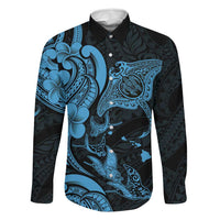Hawaiian Manta Rays Family Matching Off Shoulder Maxi Dress and Hawaiian Shirt Tribal Hibiscus Polynesian Tattoos Blue Color LT03 Dad's Shirt - Long Sleeve Blue - Polynesian Pride