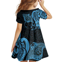 Hawaiian Manta Rays Family Matching Off Shoulder Short Dress and Hawaiian Shirt Tribal Hibiscus Polynesian Tattoos Blue Color - Polynesian Pride