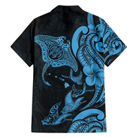 Hawaiian Manta Rays Family Matching Off Shoulder Short Dress and Hawaiian Shirt Tribal Hibiscus Polynesian Tattoos Blue Color LT03 - Polynesian Pride