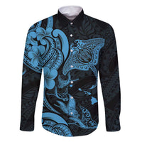 Hawaiian Manta Rays Family Matching Off Shoulder Short Dress and Hawaiian Shirt Tribal Hibiscus Polynesian Tattoos Blue Color LT03 Dad's Shirt - Long Sleeve Blue - Polynesian Pride
