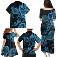 Hawaiian Manta Rays Family Matching Puletasi and Hawaiian Shirt Tribal Hibiscus Polynesian Tattoos Blue Color LT03 - Polynesian Pride