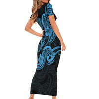 Hawaiian Manta Rays Family Matching Short Sleeve Bodycon Dress and Hawaiian Shirt Tribal Hibiscus Polynesian Tattoos Blue Color - Polynesian Pride