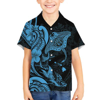 Hawaiian Manta Rays Family Matching Short Sleeve Bodycon Dress and Hawaiian Shirt Tribal Hibiscus Polynesian Tattoos Blue Color LT03 Son's Shirt Blue - Polynesian Pride