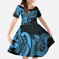 Hawaiian Manta Rays Family Matching Tank Maxi Dress and Hawaiian Shirt Tribal Hibiscus Polynesian Tattoos Blue Color LT03 Daughter's Dress Blue - Polynesian Pride