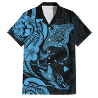 Hawaiian Manta Rays Family Matching Tank Maxi Dress and Hawaiian Shirt Tribal Hibiscus Polynesian Tattoos Blue Color LT03 Dad's Shirt - Short Sleeve Blue - Polynesian Pride