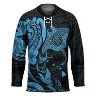 Hawaiian Manta Rays Hockey Jersey Tribal Hibiscus Polynesian Tattoos Blue Color - Polynesian Pride