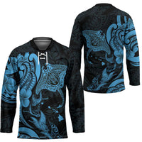 Hawaiian Manta Rays Hockey Jersey Tribal Hibiscus Polynesian Tattoos Blue Color - Polynesian Pride