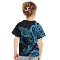 Hawaiian Manta Rays Kid T Shirt Tribal Hibiscus Polynesian Tattoos Blue Color - Polynesian Pride