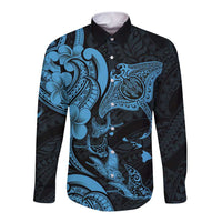 Hawaiian Manta Rays Long Sleeve Button Shirt Tribal Hibiscus Polynesian Tattoos Blue Color - Polynesian Pride