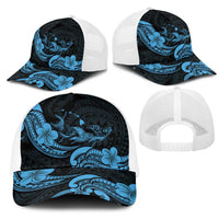 Hawaiian Manta Rays Mesh Trucker Cap Tribal Hibiscus Polynesian Tattoos Blue Color - Polynesian Pride