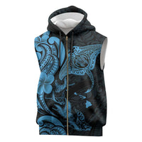 Hawaiian Manta Rays Sleeveless Zip Hoodie Tribal Hibiscus Polynesian Tattoos Blue Color - Polynesian Pride