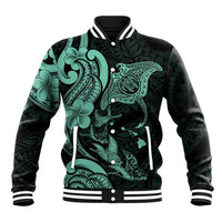 Hawaiian Manta Rays Baseball Jacket Tribal Hibiscus Polynesian Tattoos Turquoise Color - Polynesian Pride