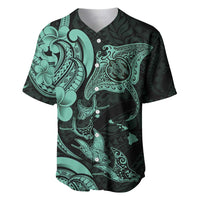 Hawaiian Manta Rays Baseball Jersey Tribal Hibiscus Polynesian Tattoos Turquoise Color - Polynesian Pride