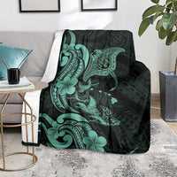 Hawaiian Manta Rays Blanket Tribal Hibiscus Polynesian Tattoos Turquoise Color - Polynesian Pride