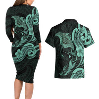 Hawaiian Manta Rays Couples Matching Long Sleeve Bodycon Dress and Hawaiian Shirt Tribal Hibiscus Polynesian Tattoos Turquoise Color LT03 - Polynesian Pride