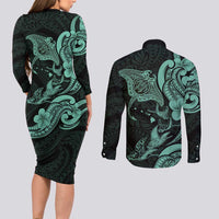 Hawaiian Manta Rays Couples Matching Long Sleeve Bodycon Dress and Long Sleeve Button Shirt Tribal Hibiscus Polynesian Tattoos Turquoise Color - Polynesian Pride