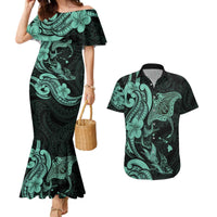 Hawaiian Manta Rays Couples Matching Mermaid Dress and Hawaiian Shirt Tribal Hibiscus Polynesian Tattoos Turquoise Color LT03 Turquoise - Polynesian Pride