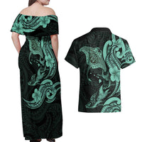 Hawaiian Manta Rays Couples Matching Off Shoulder Maxi Dress and Hawaiian Shirt Tribal Hibiscus Polynesian Tattoos Turquoise Color - Polynesian Pride