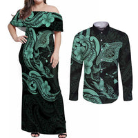 Hawaiian Manta Rays Couples Matching Off Shoulder Maxi Dress and Long Sleeve Button Shirt Tribal Hibiscus Polynesian Tattoos Turquoise Color - Polynesian Pride