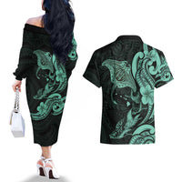 Hawaiian Manta Rays Couples Matching Off The Shoulder Long Sleeve Dress and Hawaiian Shirt Tribal Hibiscus Polynesian Tattoos Turquoise Color LT03 - Polynesian Pride