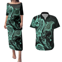 Hawaiian Manta Rays Couples Matching Puletasi and Hawaiian Shirt Tribal Hibiscus Polynesian Tattoos Turquoise Color LT03 Turquoise - Polynesian Pride