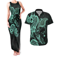 Hawaiian Manta Rays Couples Matching Tank Maxi Dress and Hawaiian Shirt Tribal Hibiscus Polynesian Tattoos Turquoise Color LT03 Turquoise - Polynesian Pride