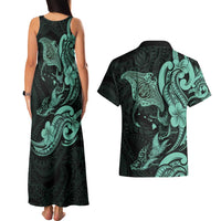Hawaiian Manta Rays Couples Matching Tank Maxi Dress and Hawaiian Shirt Tribal Hibiscus Polynesian Tattoos Turquoise Color LT03 - Polynesian Pride
