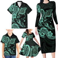 Hawaiian Manta Rays Family Matching Long Sleeve Bodycon Dress and Hawaiian Shirt Tribal Hibiscus Polynesian Tattoos Turquoise Color LT03 - Polynesian Pride