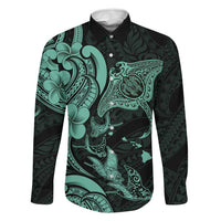 Hawaiian Manta Rays Family Matching Long Sleeve Bodycon Dress and Hawaiian Shirt Tribal Hibiscus Polynesian Tattoos Turquoise Color LT03 Dad's Shirt - Long Sleeve Turquoise - Polynesian Pride