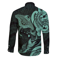 Hawaiian Manta Rays Family Matching Long Sleeve Bodycon Dress and Hawaiian Shirt Tribal Hibiscus Polynesian Tattoos Turquoise Color - Polynesian Pride