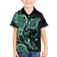 Hawaiian Manta Rays Family Matching Long Sleeve Bodycon Dress and Hawaiian Shirt Tribal Hibiscus Polynesian Tattoos Turquoise Color LT03 Son's Shirt Turquoise - Polynesian Pride