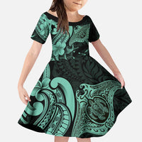 Hawaiian Manta Rays Family Matching Mermaid Dress and Hawaiian Shirt Tribal Hibiscus Polynesian Tattoos Turquoise Color LT03 Daughter's Dress Turquoise - Polynesian Pride