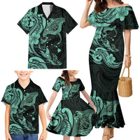 Hawaiian Manta Rays Family Matching Mermaid Dress and Hawaiian Shirt Tribal Hibiscus Polynesian Tattoos Turquoise Color LT03 - Polynesian Pride