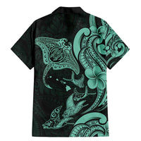 Hawaiian Manta Rays Family Matching Mermaid Dress and Hawaiian Shirt Tribal Hibiscus Polynesian Tattoos Turquoise Color LT03 - Polynesian Pride