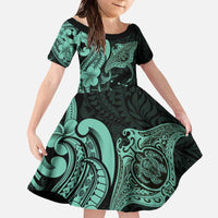 Hawaiian Manta Rays Family Matching Off The Shoulder Long Sleeve Dress and Hawaiian Shirt Tribal Hibiscus Polynesian Tattoos Turquoise Color LT03 Daughter's Dress Turquoise - Polynesian Pride