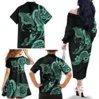 Hawaiian Manta Rays Family Matching Off The Shoulder Long Sleeve Dress and Hawaiian Shirt Tribal Hibiscus Polynesian Tattoos Turquoise Color - Polynesian Pride