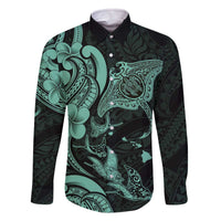 Hawaiian Manta Rays Family Matching Off The Shoulder Long Sleeve Dress and Hawaiian Shirt Tribal Hibiscus Polynesian Tattoos Turquoise Color - Polynesian Pride