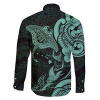 Hawaiian Manta Rays Family Matching Off The Shoulder Long Sleeve Dress and Hawaiian Shirt Tribal Hibiscus Polynesian Tattoos Turquoise Color - Polynesian Pride