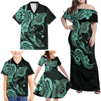 Hawaiian Manta Rays Family Matching Off Shoulder Maxi Dress and Hawaiian Shirt Tribal Hibiscus Polynesian Tattoos Turquoise Color LT03 - Polynesian Pride