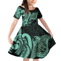 Hawaiian Manta Rays Family Matching Off Shoulder Short Dress and Hawaiian Shirt Tribal Hibiscus Polynesian Tattoos Turquoise Color LT03 Daughter's Dress Turquoise - Polynesian Pride